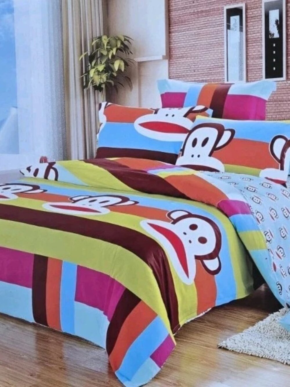 NEW "Happy Monkey" Duvet Cover Set. Double Bed Sized Cover, Sheet + Pillow